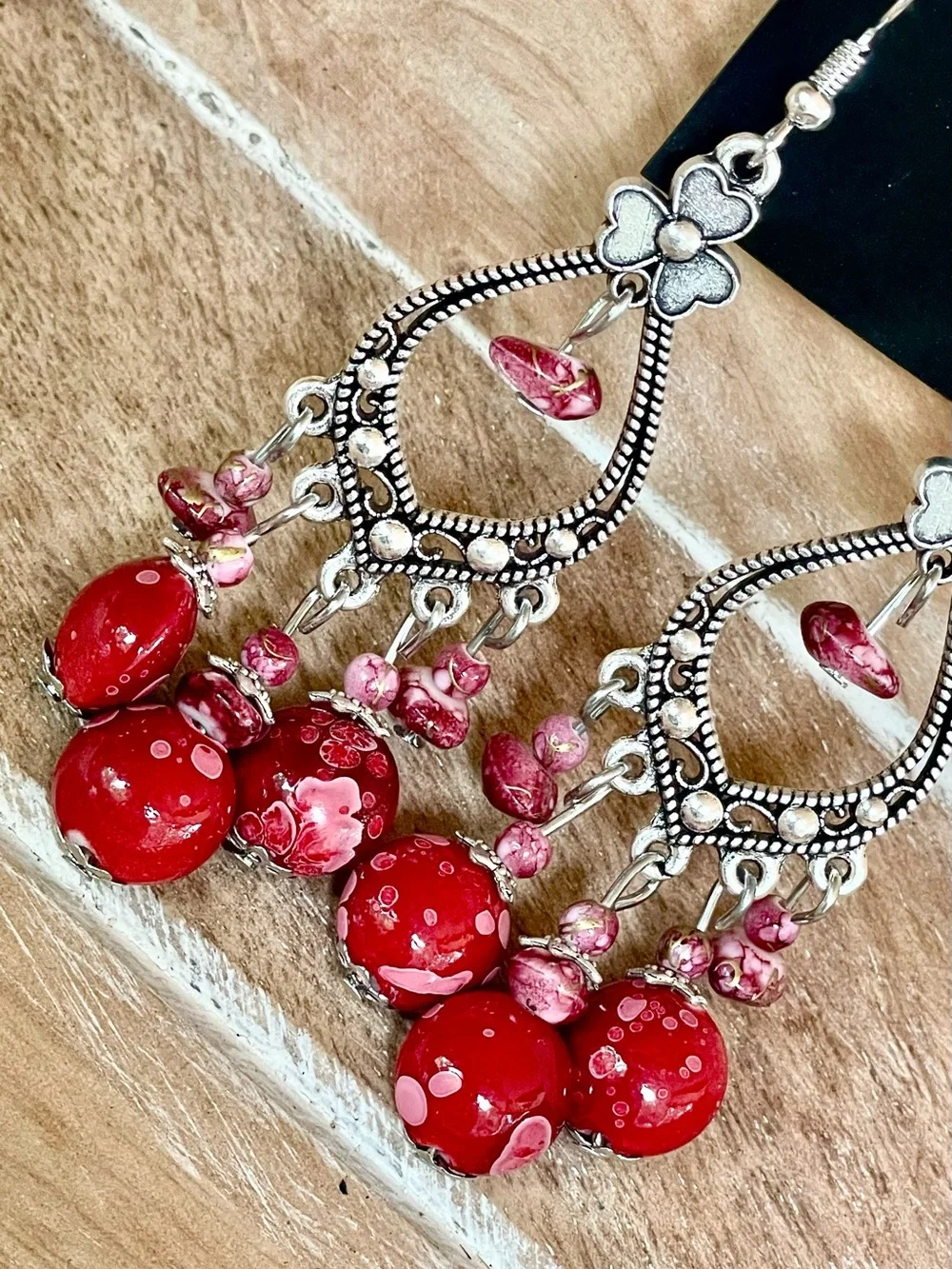 Red Boho Glass Bead Dangle Earrings with Silver Filigree